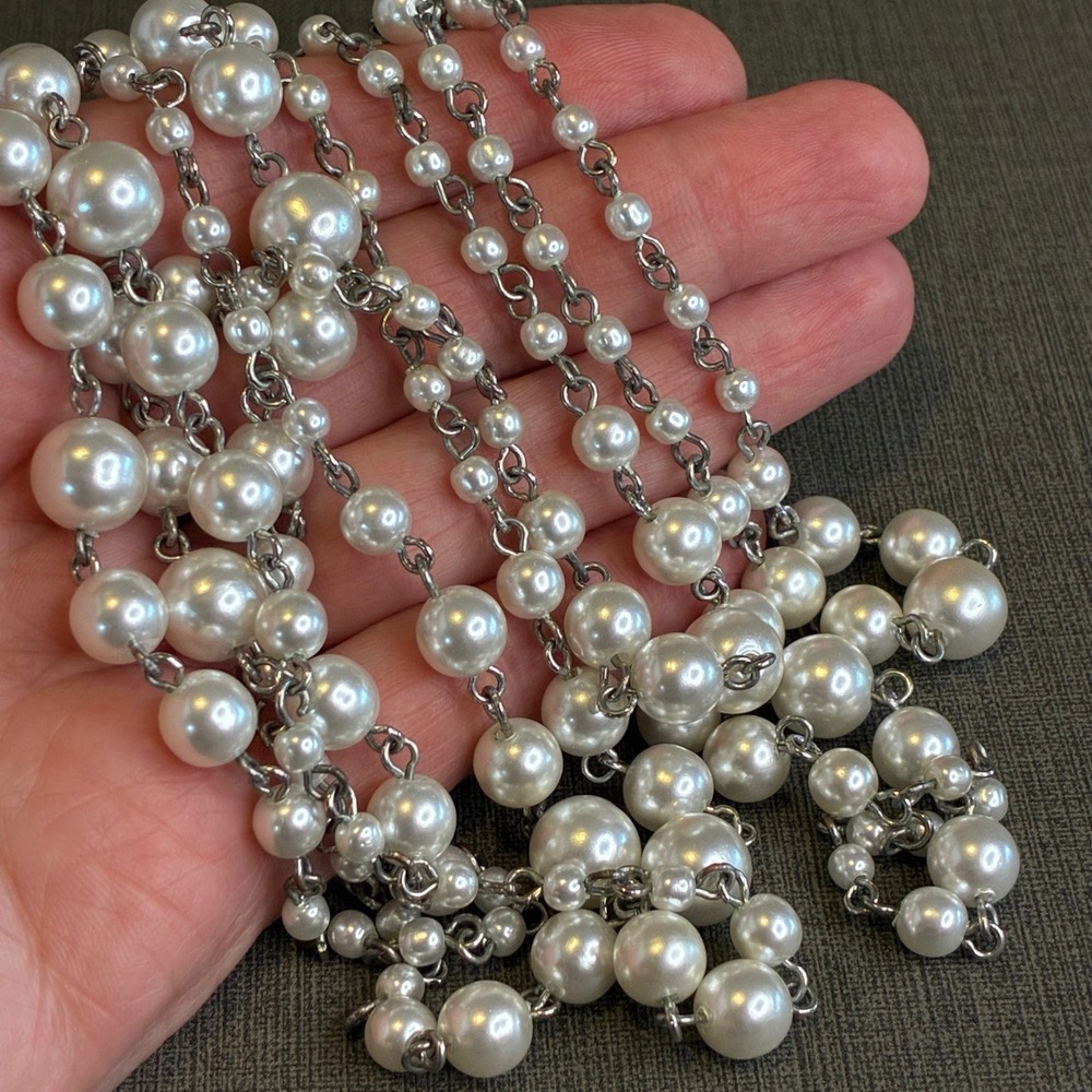 Premier Designs Necklace Faux Pearl Long Silver Tone Station 62" Flapper Bridal